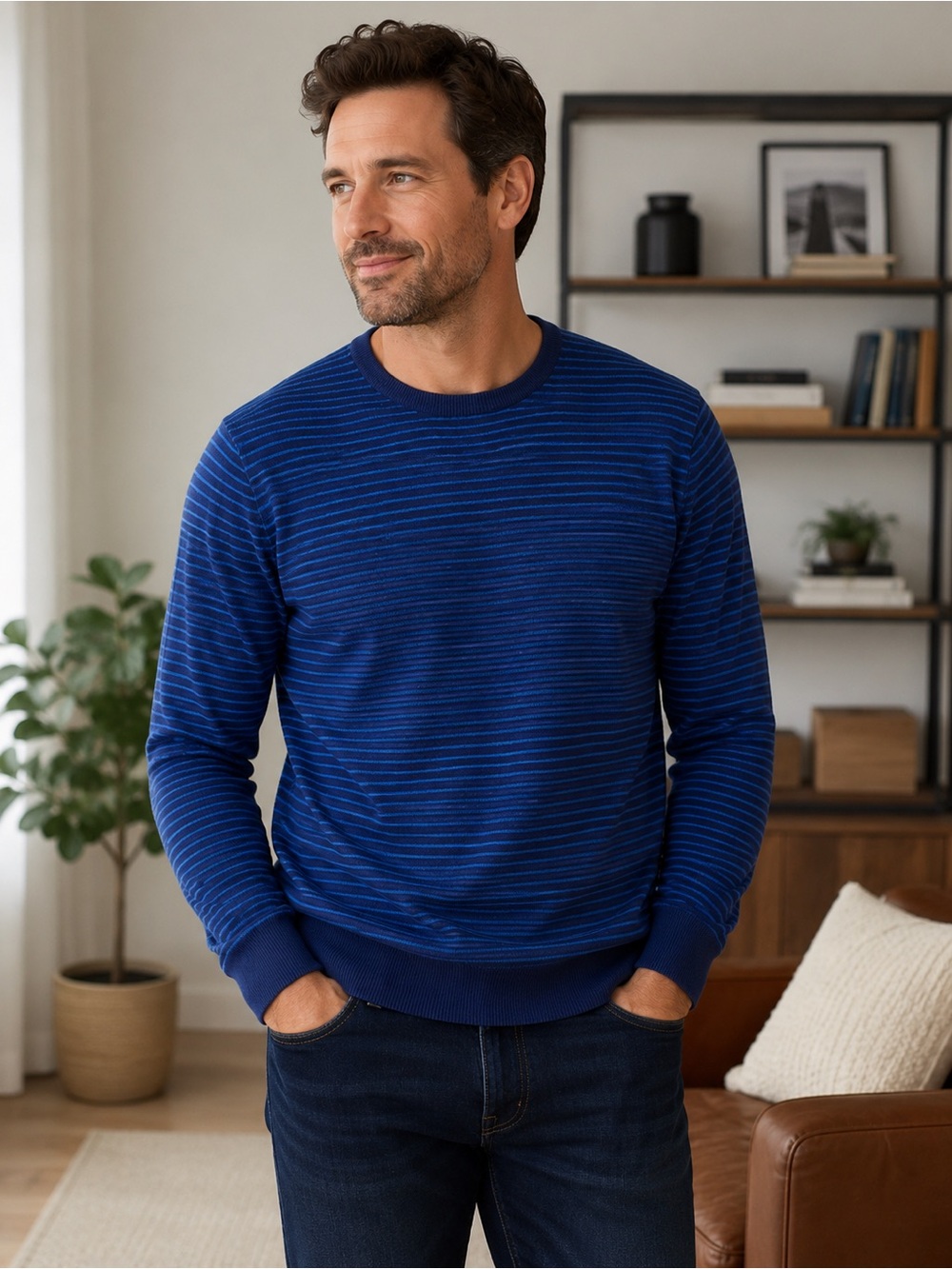 J.Crew Cotton-Cashmere Crewneck Striped Sweater Mens L Blue